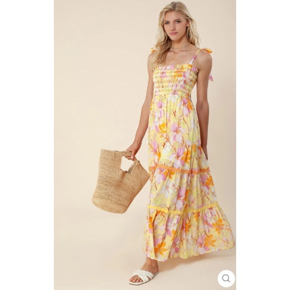 HALE BOB Marina Floral Smocked Tiered Maxi Dress Tie Shoulder Yellow Pink Sz L